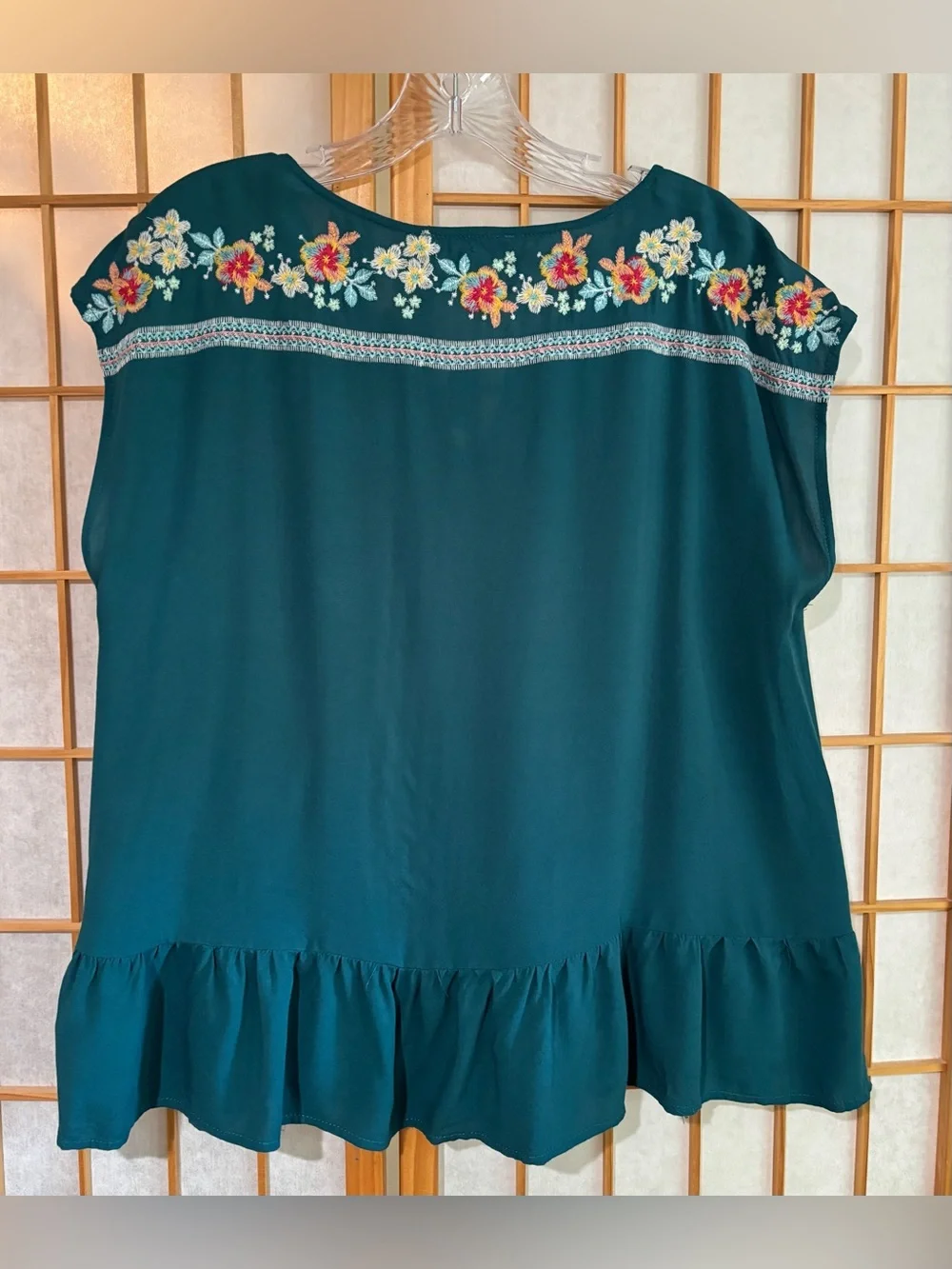 SAVANNAH JANE flowy rayon EMBROIDERED TOP summer boho garden TEAL GREEN large - Picture 4 of 6